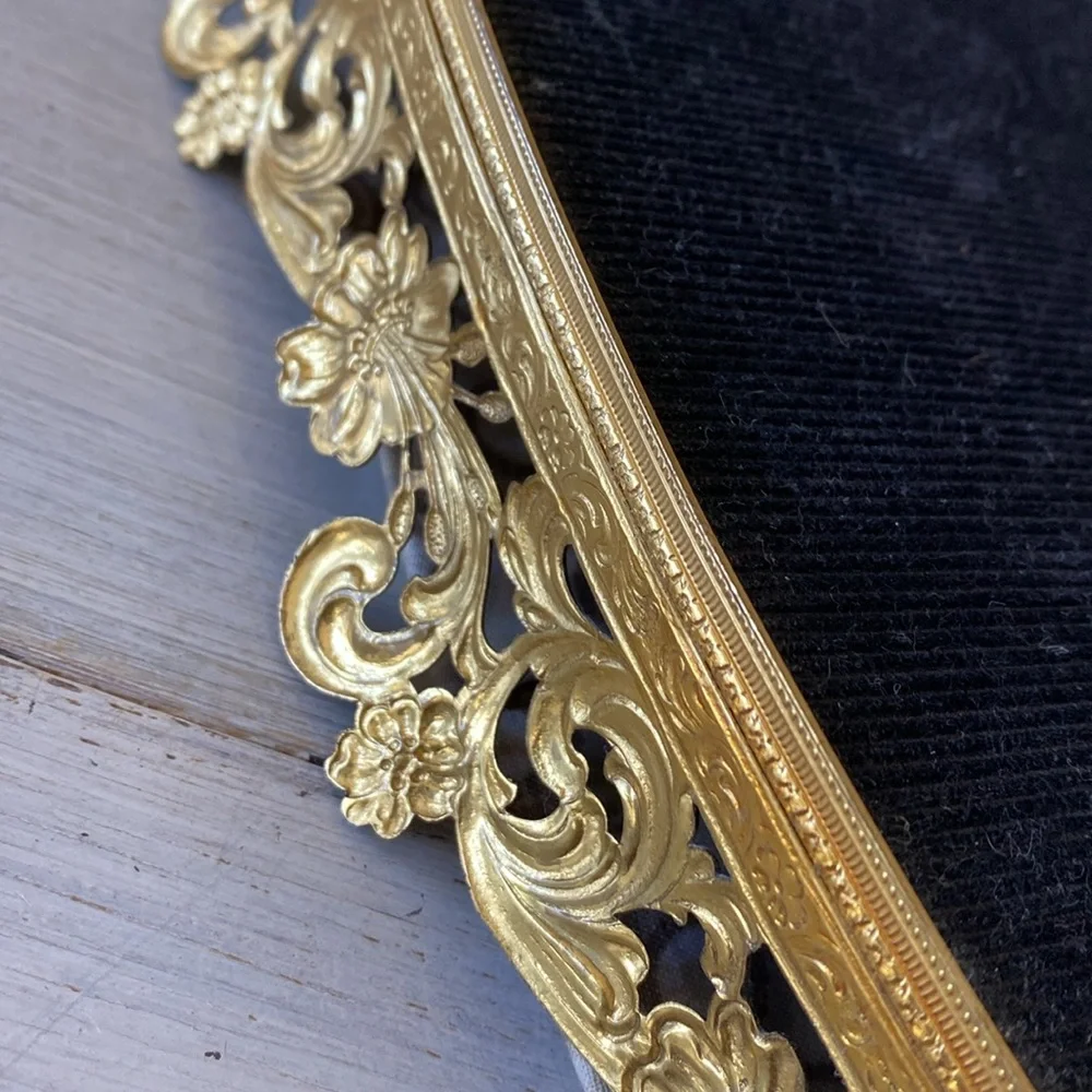 Vintage Oval Gold Metal Floral and Scrolls Vanity Tray - Oval Frame -